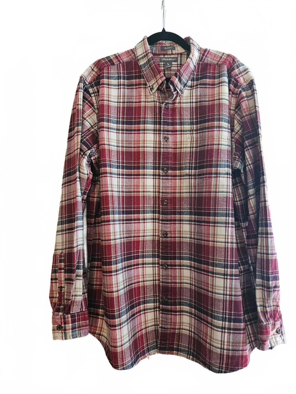 Eddie Bauer Men's Relaxed Fit Red, Black, & Cream Plaid Cotton Shirt-Size XLT